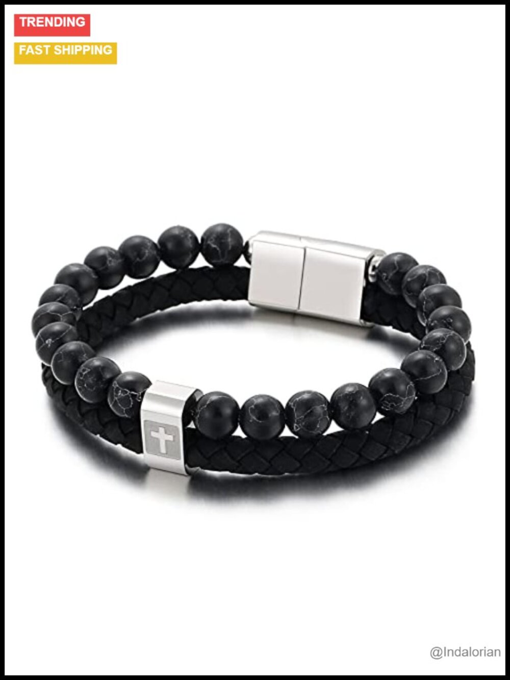 Men's Braided Leather Cuff Bracelet Magnetic Clasp Religious Cross Stainless